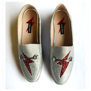 5/$100 SALE - Nine West Wild Girls Lightning Bolt Silver/Red Flat Loafer Shoes